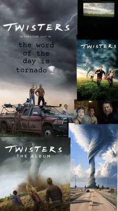 the movie poster for twisters is shown in four different pictures, including one with a tornado