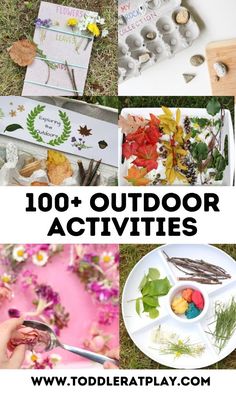 an image of outdoor activities for toddlers to play in the grass with flowers and leaves