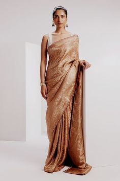 Beige banarasi saree featuring woven floral jaal motifs with tusser silk embroidered border. Comes with woven stripe blouse and petticoat. - Aza Fashions Brocade Pre-draped Saree With Zari Work, Brocade Pre-draped Saree With Resham Embroidery, Elegant Brocade Pre-draped Saree For Diwali, Festive Brocade Pre-draped Saree With Zari Work, Elegant Fitted Pre-draped Saree With Zari Weaving, Elegant Festive Brocade Pre-draped Saree, Gold Tussar Silk Pre-draped Saree For Reception, Elegant Fitted Banarasi Silk Pre-draped Saree, Festive Brocade Pre-draped Saree With Dupatta