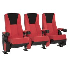 three red and black chairs sitting next to each other