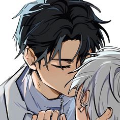 an anime character kissing another person with his hand on his chest and the other arm around him