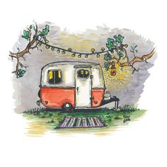 Art print - colorful painting of a Boler camper trailer in a cozy camp. Watercolor Camper Art, Watercolor Camper Van, Camping Painting Ideas, Caravan Watercolor, Camper Van Drawing, Watercolor Camper, Caravan Drawing, Camper Pictures, Caravan Painting