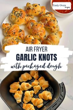 air fryer garlic knots with packaged dough in it and the title overlay reads air fryer garlic knots with packaged dough