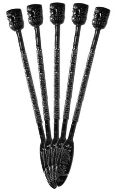 five black plastic forks with holes in the middle and one on each side, set against a white background