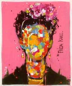 an abstract painting of a man's face with flowers in his hair on a pink background