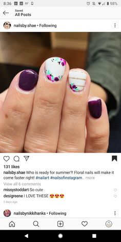 Purple and white floral nails White Floral Nails, Easy Diy Ornaments, Cute Short Nails, Flower Nail Designs, Diy Ornaments, Shellac Nails, Short Nail Designs, Cute Nail Designs, Floral Nails