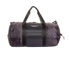 a black and purple duffel bag on a white background