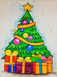 a drawing of a christmas tree with presents under it