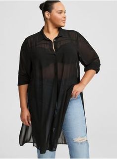 Mesh Button Up, Front Splits, Tunic Tops For Women, Fashion To Figure, Button Up Long Sleeve, Maxi Styles, Plus Size Maxi, Maxi Shirt Dress, Sheer Chiffon