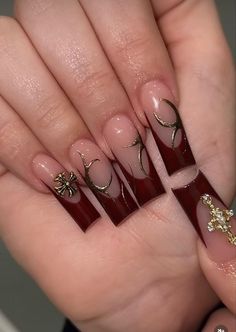 Red With Gold Design Nails, Nails Acrylic Bday, Burgundy Nails On Black Women, Dark Cherry Red Nails Acrylic Design, Khaki Nails Acrylic, Dark Cherry Nails Designs, Dark Red Prom Nails, Nail Designs Long Almond, Maroon Braces