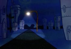 a cartoon scene with a person laying on the ground under a street light at night