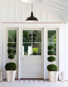 two potted plants on the outside of a white door with an advertisement above it