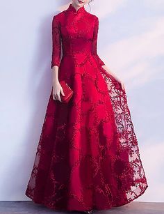 Robe robe demoiselle d honneur Trapèze Robes de soirée Rétro Vintage Longueur Sol Mao Manches 3/4 Tulle Avec Plissé de 2024 ? $79.99 Christmas Weddings, Evening Dresses Online, Cheap Evening Dresses