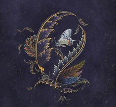 an artistically designed wallpaper with a butterfly and flowers in gold, blue, and purple