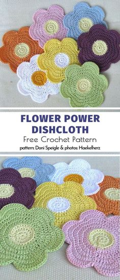 crochet flower dishcloth pattern with different colors and sizes on the table top