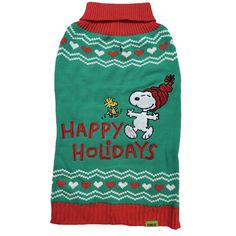 a green sweater with a dog wearing a santa hat on it's head and the words happy holidays written in red