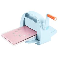 a pink and blue toy mailbox with the letter o on it's side