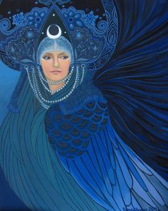 a painting of a woman with blue feathers and pearls on her head, holding a crescent