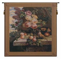 a painting with flowers and fruit on a table