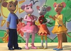 three cartoon mice are standing in front of a wall with graffiti and flowers on it