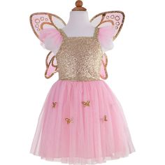 The Gold Butterfly Dress is the answer to both a fashionable and fairy fun dress. Let your mini be her own shinning butterfly in this sparkly pink and gold dress! Soft pink tulle gathers for a full skirt and meets an amazing gold sequin top with tulle sleeve accents. Paired with shimmering gold dusted glitter printed wings, this two piece dress wing combo is sure to delight! Size: 5-7. | Gold Butterfly Dress and Wings (Pink, Size 5-7) by Great Pretenders | Kids Toys  |  Maisonette collects the b Pink And Gold Dress, Gold Sequin Top, Butterfly Costume, Tulle Sleeves, Wings Costume, Butterfly Fairy, Glitter Print, Butterfly Dress, Pink Tulle