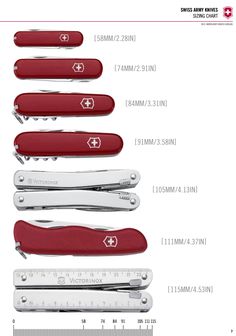 the swiss army knife features different types of knives and sizes, including one with a red handle