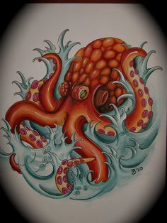 an orange octopus with pink dots on it's chest and arms is in the water