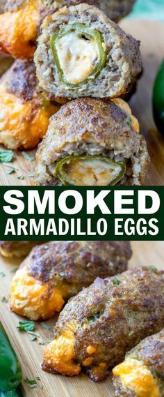 an image of smoked armadillo eggs on a cutting board with jalapenos in the background