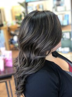 Cool Toned Hair Color Brunettes, Black With Ash Brown Highlights, Black Hair Ash Brown Highlights, Ash Lowlights On Black Hair, Light Ash Brown Highlights On Black Hair, Ash Brown Babylights On Black Hair, Trendy Brunette Hair, Blonde Balayage On Black Hair, Brown Bayalage Hair