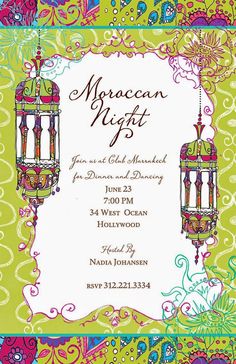 the moroccan nights party is set up in front of a green background with colorful flowers and ornate