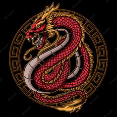 a red and gold dragon on a black background