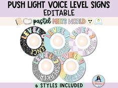 the words push light voice level signs are in different colors and styles, with an image of