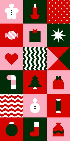 a red, green and white poster with different shapes on it's sides in squares