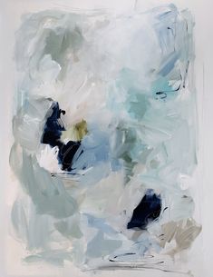 an abstract painting with white, blue and grey colors on it's surface is shown