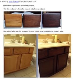 three pictures show different types of bathroom cabinets and the same type of countertop with drawers