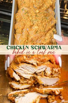 chicken shawarma is cooked in a casserole pan and then topped with parmesan cheese