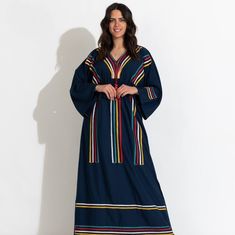 Feel the breeze in this Boho kaftan made of Egyptian cotton. It's soft, breathable and perfect for summer parties, beach days and home gatherings. You can wear this Kaftan practically anywhere and for any occasion. You can dress it up with a pair of heels and strut like an Egyptian queen in any gathering, resort, or party. Or you can dress it down with a pair of sneakers/slippers and walk around your home feeling extremely free and comfortable while looking effortlessly stunning in your house dr Traditional Blue Cotton Kaftan, Blue Cotton Kaftan For Loungewear, Blue Cotton Kaftan For Vacation, Blue Cotton Kaftan For Beach Cover-up, Long Blue Cotton Kaftan, Blue Casual Kaftan For Loungewear, Casual Long Blue Kaftan, Blue Cotton Long Sleeve Kaftan, Multicolor Long Sleeve Abaya For Vacation