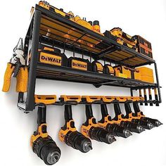 a rack that has many different tools on it, including drillers and screwdrivers