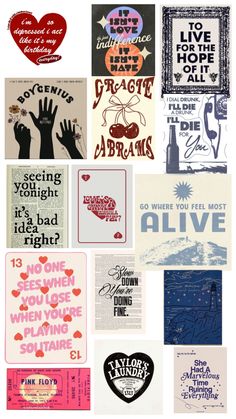 many different types of posters are arranged in the shape of a heart and two hands