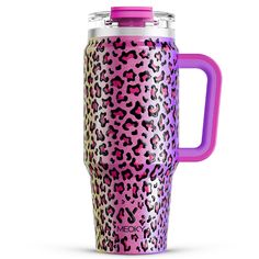 a pink and purple leopard print tumbler cup with the lid open, on a white background