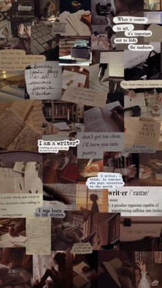 collage of books and papers with words written on them