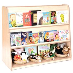 children's bookshelf with wooden shelves and stuffed animals