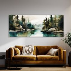 a living room with a couch and painting on the wall