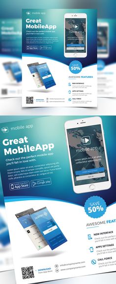 an image of a blue and white flyer or brochure with the words great mobile app on it