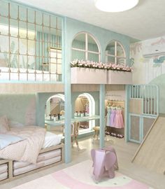 a room with bunk beds and other furniture in it, including a pink elephant rug