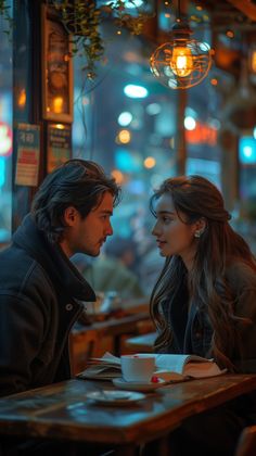 a man and woman sitting at a table in a restaurant looking into each others eyes