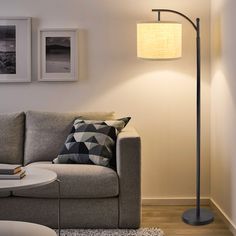 a living room scene with focus on the couch and floor lamp in the foreground