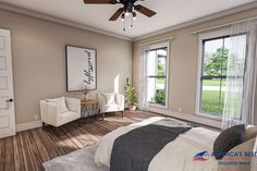 an artist's rendering of a bedroom with wood flooring and large windows overlooking a grassy field