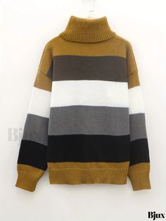 Bjux - Womens Fall & Winter Color Block Turtle Neck Sweater - Casual Long Sleeve Knitwear for Stylish Comfort Striped Color Block Tops For Winter, Striped Color Block Sweater For Winter, Yellow Acrylic Sweater For Winter, Yellow Color Block Sweater For Winter, Yellow Winter Sweater For Layering, Yellow Acrylic Winter Sweater, Winter Striped Color Block Sweater, Winter Colors, Womens Fall