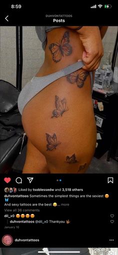 Tattoo Inspo For Mom, Trending Female Tattoos, Butterfly Body Tattoo, Side Hip Tattoos Black Women, Unique Side Thigh Tattoos, Cute Back Tattoos For Women Unique, Cool Hip Tattoos For Women, Baddie Neck Tattoos Butterfly, Butterflies Going Up Side Tattoo